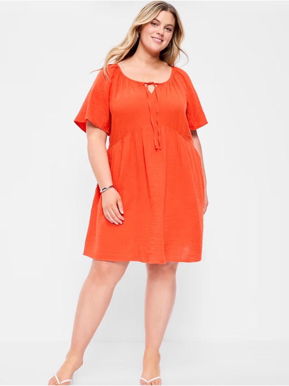 Old Navy Orange Short-Sleeve Mini Dress with Tie Neck